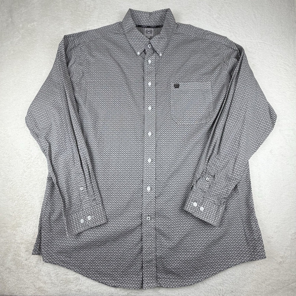 Cinch Mens XL Brown/White Geometric Print Button Down Long Sleeve Western